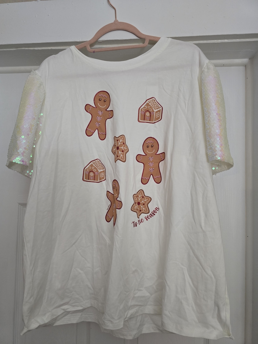 White Sequin-Sleeve Gingerbread Graphic Top - 2X